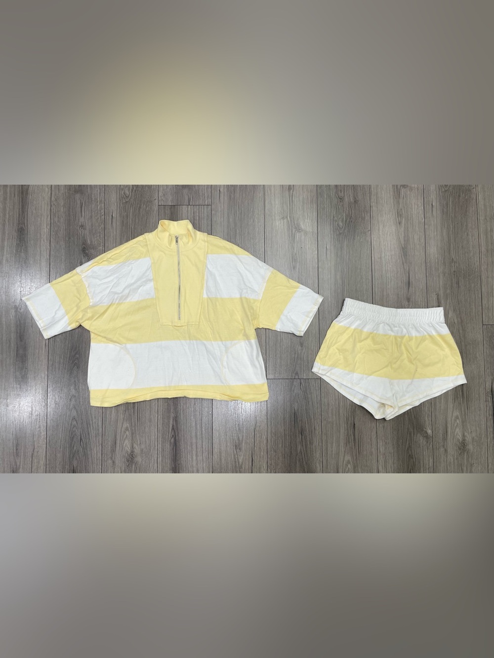 Free People FP Movement Retro Rugby Striped Pullover & Shorts Set- Yellow White - Picture 2 of 9